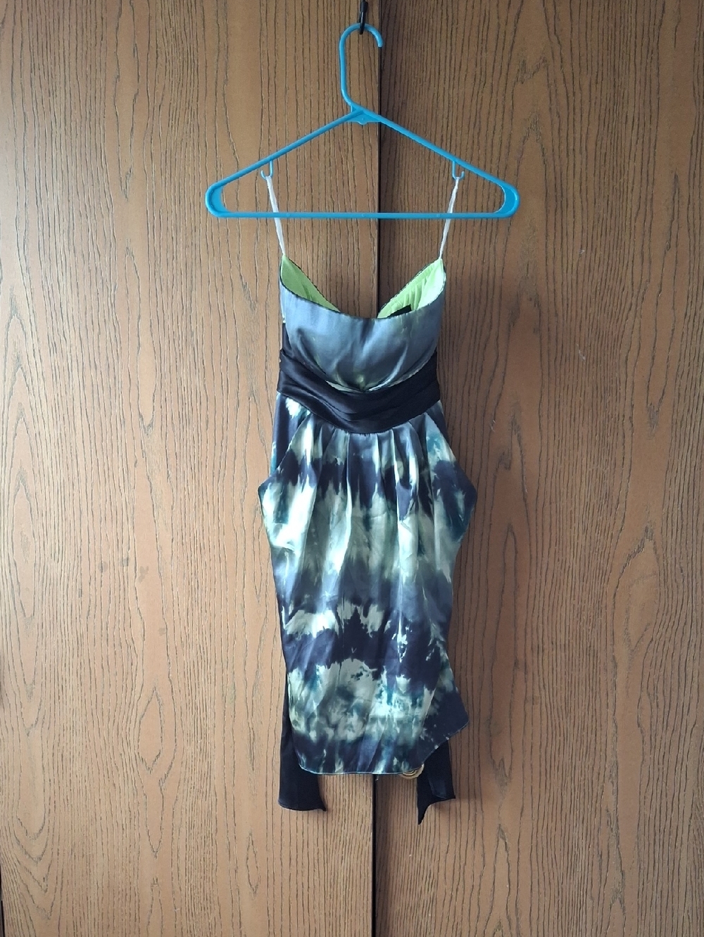 Strapless Tie-Dye Satin Dress with Black Waistband